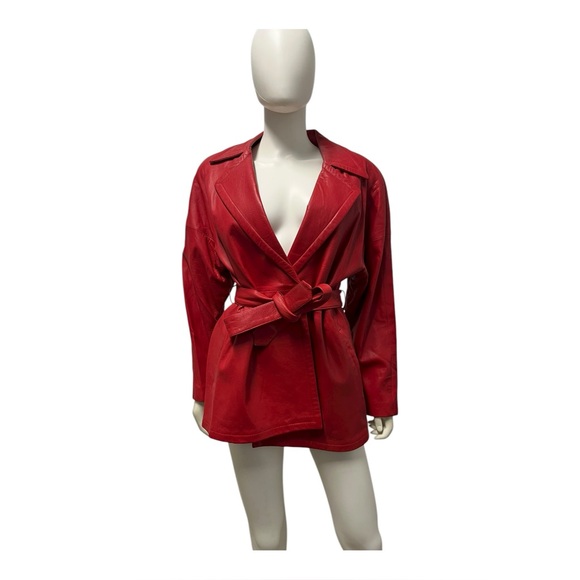 VTG 90s REMY GLAM ROCK Red Soft Leather Midi Belted Trench Coat Womens Medium - Picture 2 of 11